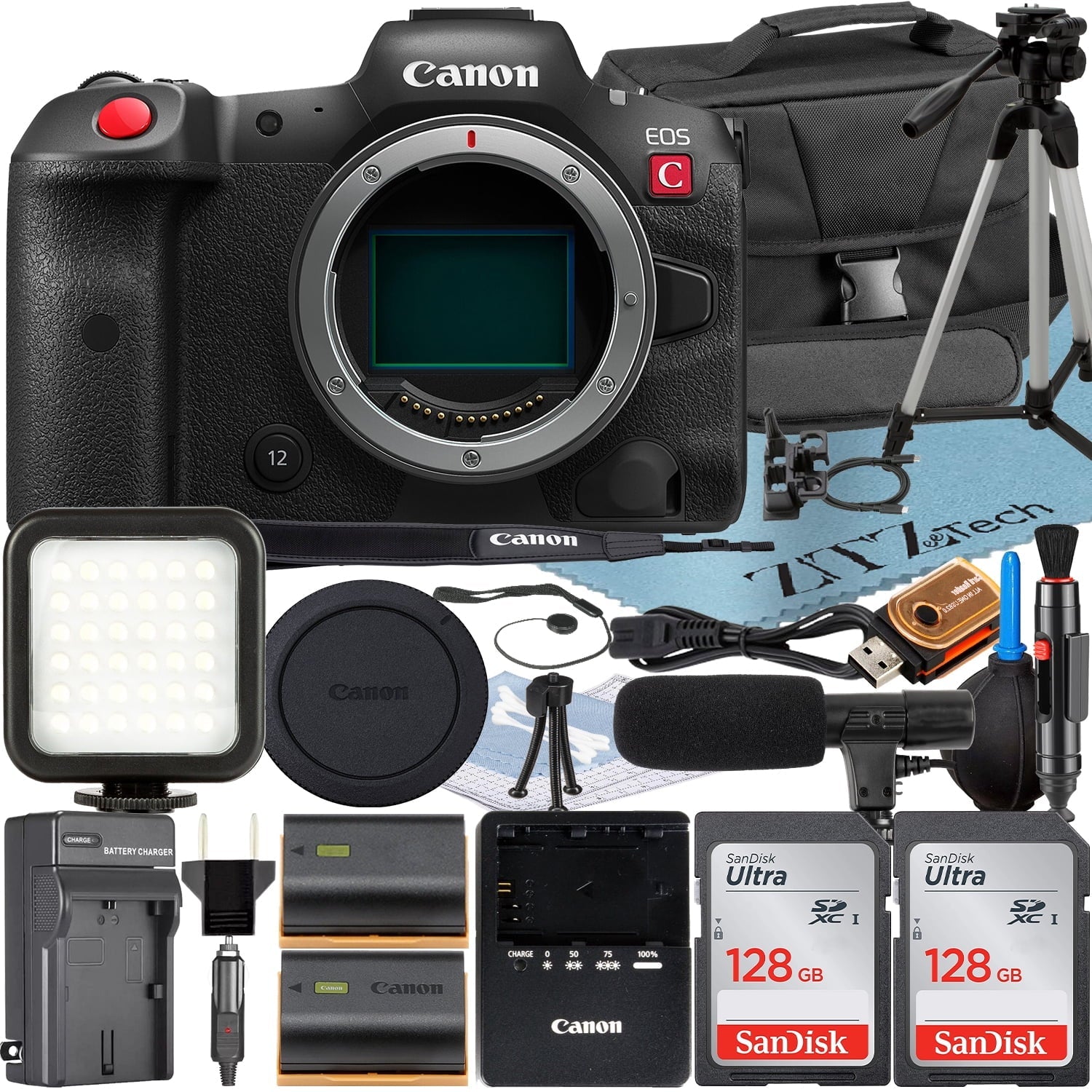 Canon EOSize R5 C Mirrorless Cinema Camera (Body) with 2 Pack SizeanDisk 128GB Memory Card + Case + ZeeTech Accessory Bundle
