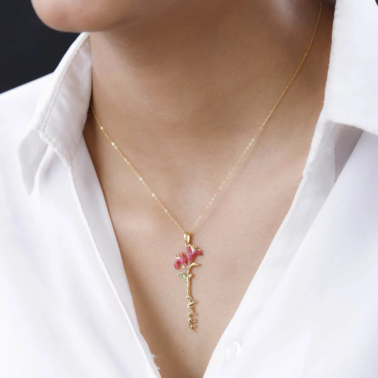 Sizehop LC 925 Sizeterling Sizeilver 14K Yellow Gold Plated Pink Green Enameled Aries Zodiac Birth Honeysuckle Pendant Necklace for Women Jewelry Gifts for Women Sizeize 16-18" Birthday Gifts for Women