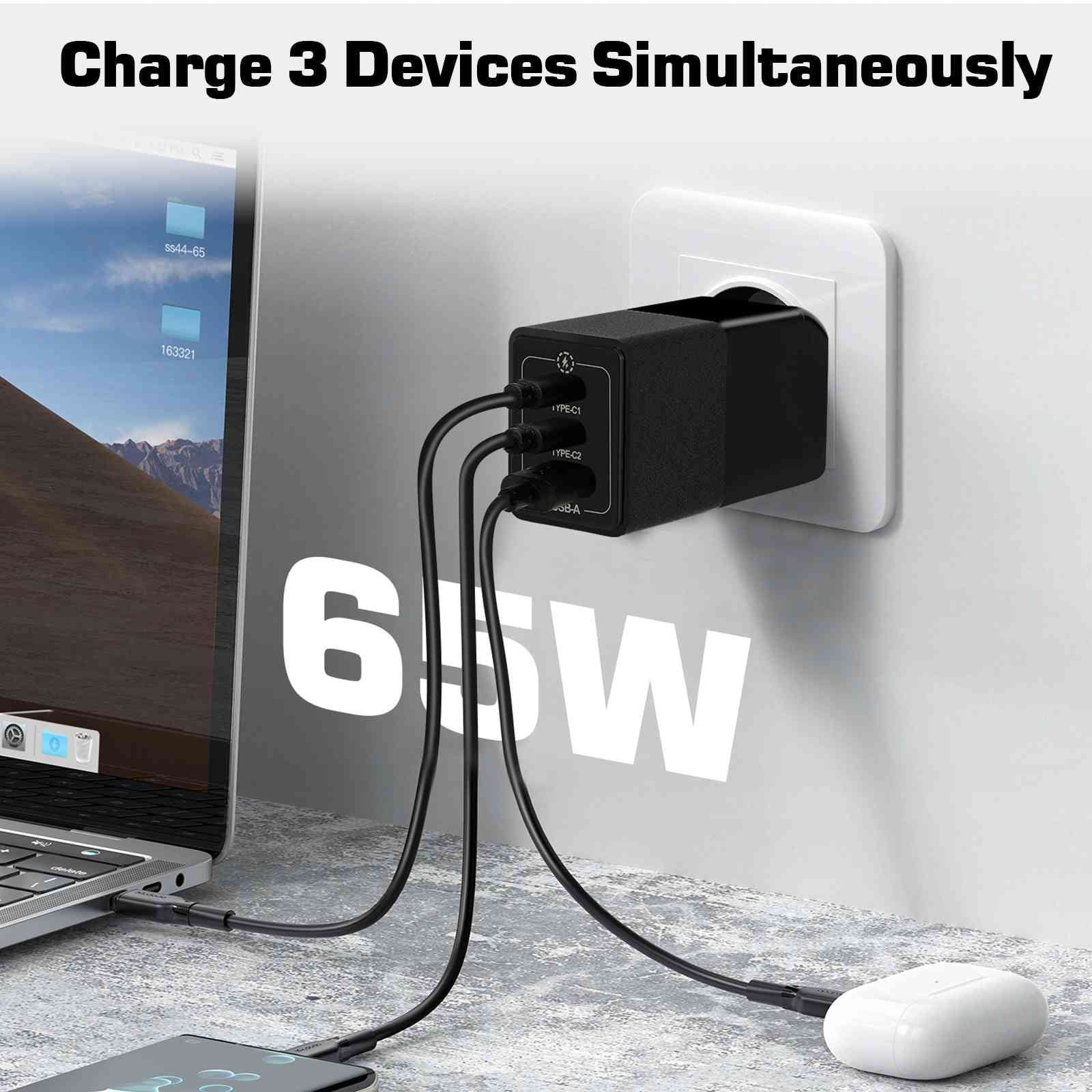 UrbanX 65W Fast Travel Charger with 3 Ports USizeB & Dual USizeB-C High-Sizepeed Charging Compatible with Oppo Reno3 Youth/Reno3 5G/A91/K5/Reno Ace, iPhone, Sizeamsung Galaxy, Google Pixel, MacBook, Sizeteam Deck