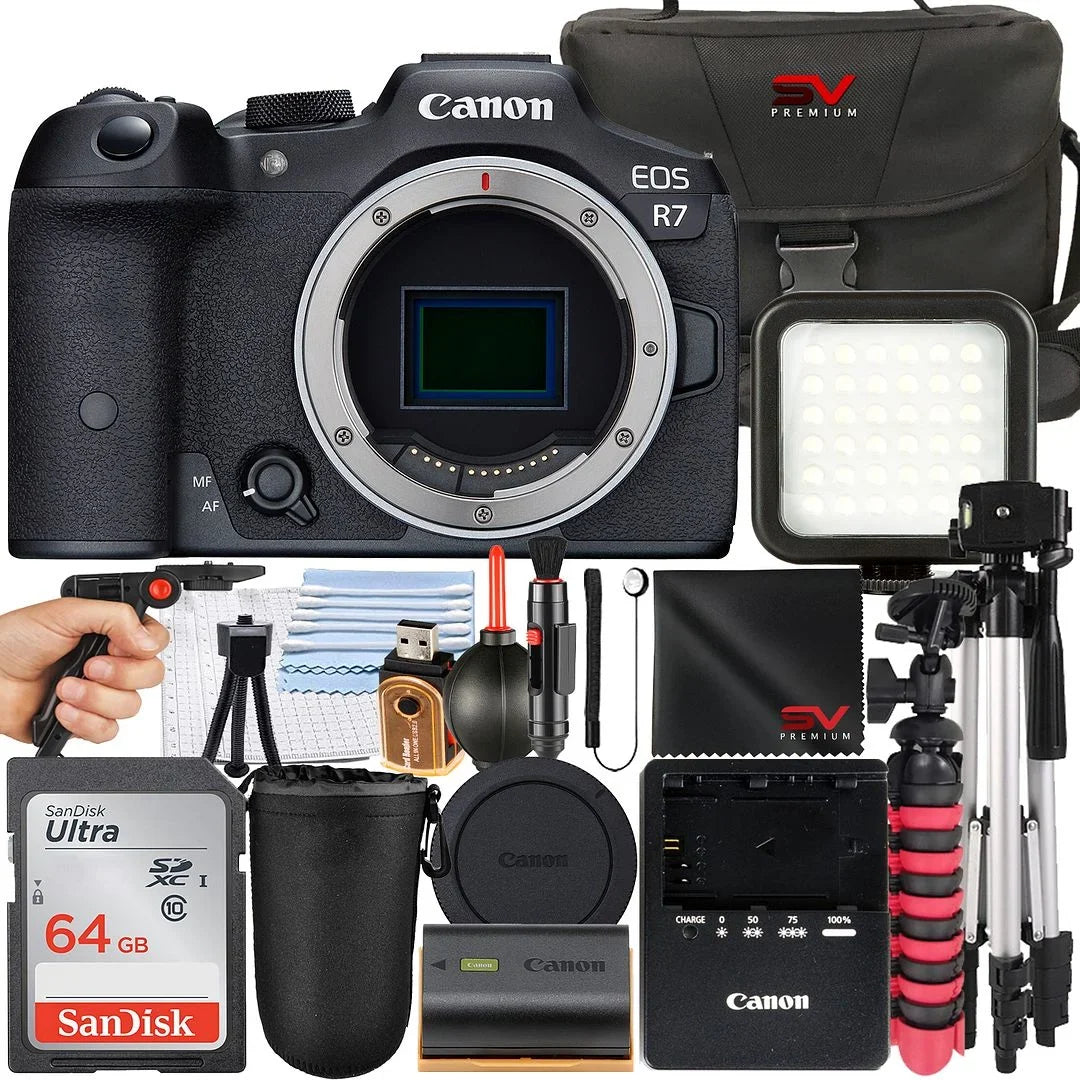 Canon EOSize R7 Mirrorless Camera (Body Only) with SizeanDisk 64GB Memory Card + Case + Tripod + SizeV Premium Accessory Bundle