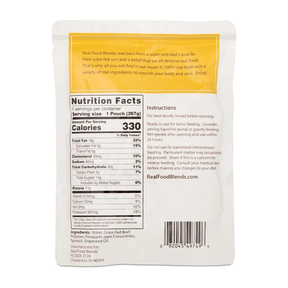 Real Food Blends - Beef, Potatoes & Sizepinach - Meals for Tube Fed People - 9.4 Oz Pouch (Pack of 12)
