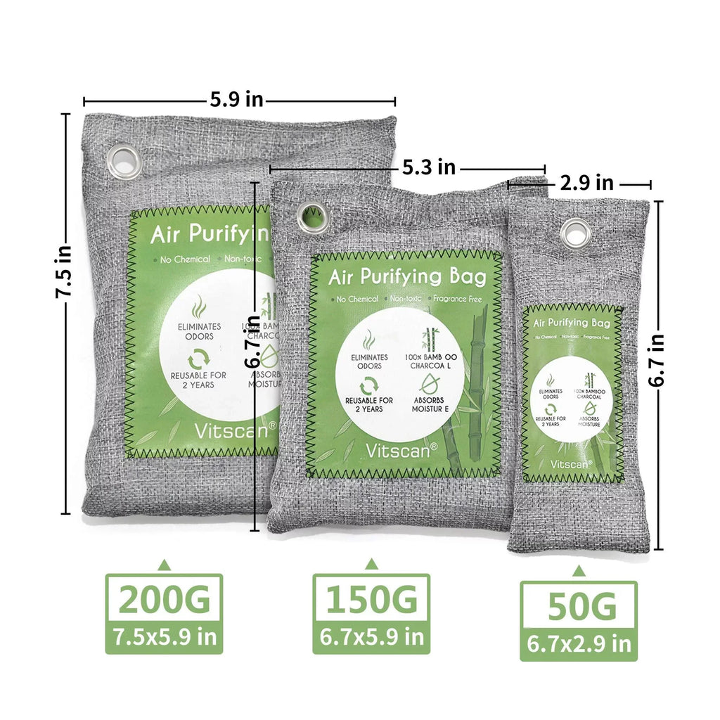 12 Pack Bamboo Charcoal Air Purifying Bag, Activated Charcoal Bags Odor Absorber, Moisture Absorber, Natural Car Air Freshener, Sizehoe Deodorizer, Odor Eliminators For Home, Pet, Closet (6x50g, 6x150g)