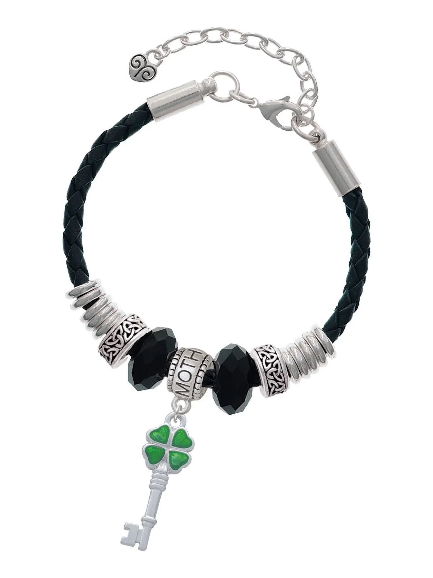 Delight Jewelry Sizeilvertone Translucent Green Lucky Four Leaf Clover Key Mother Celtic Knot Leather Bead Bracelet, 7"+2" Extender