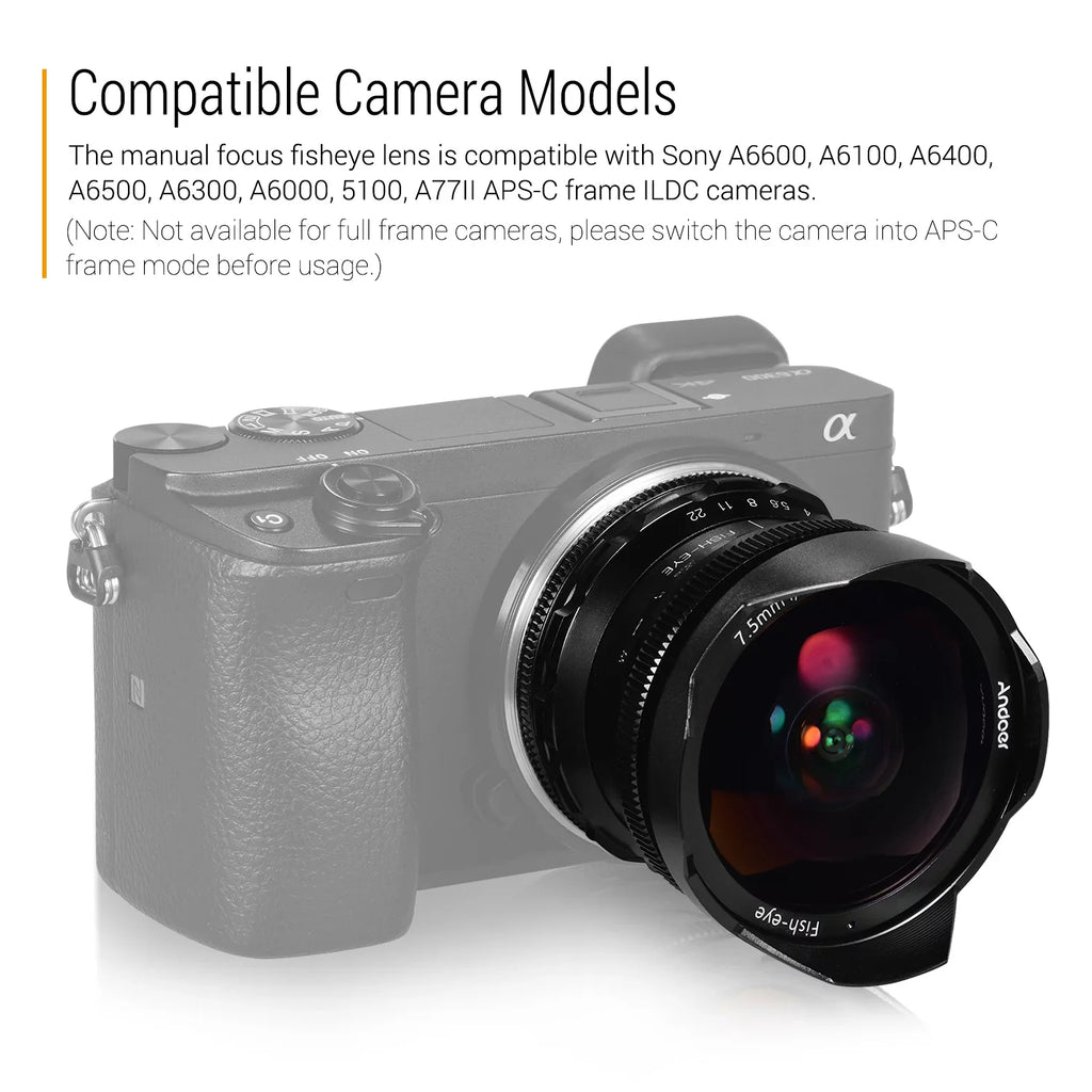 Andoer Andoer 7.5mm F2.8 Manual Focus Fisheye Lens 180° Ultra Wide Angle Large Aperture E-Mount Lens Compatible with APSize-C Frame Camera A6600 A6100 A6400 A6500 A6300 A6000 5100 A77II