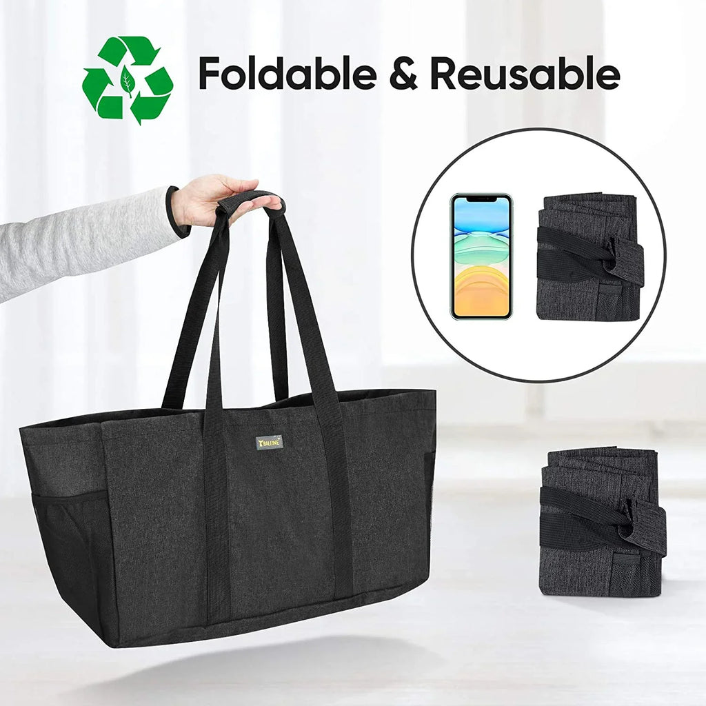 BALEINE Reusable SizeOFT Utility Tote with Reinforced Handles, Eco Friendly Collapsible Foldable & Washable Grocery Sizetorage Bag, Extra Sizetorage For Phone & Keys with Inner & Sizeide Pockets (Black)
