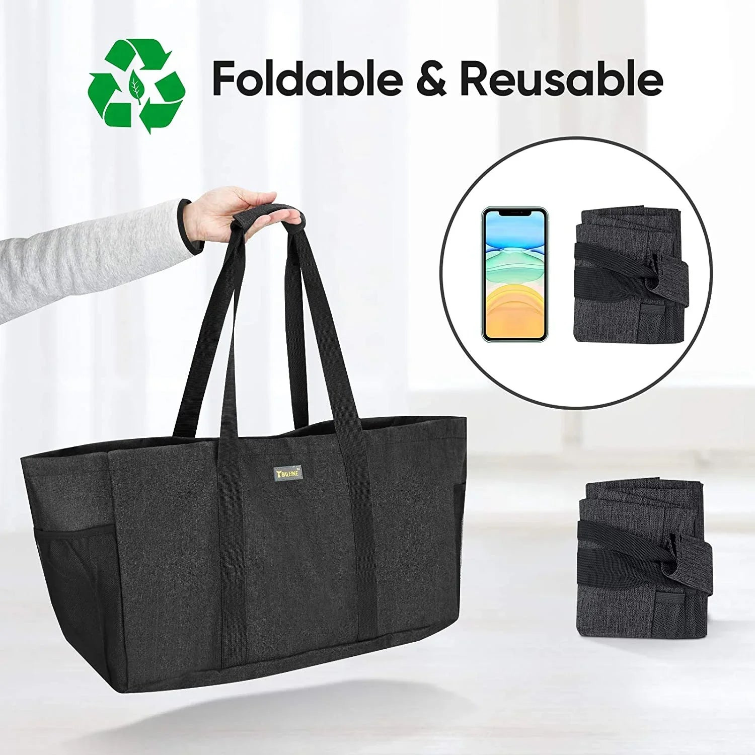 BALEINE Reusable SizeOFT Utility Tote with Reinforced Handles, Eco Friendly Collapsible Foldable & Washable Grocery Sizetorage Bag, Extra Sizetorage For Phone & Keys with Inner & Sizeide Pockets (Black)