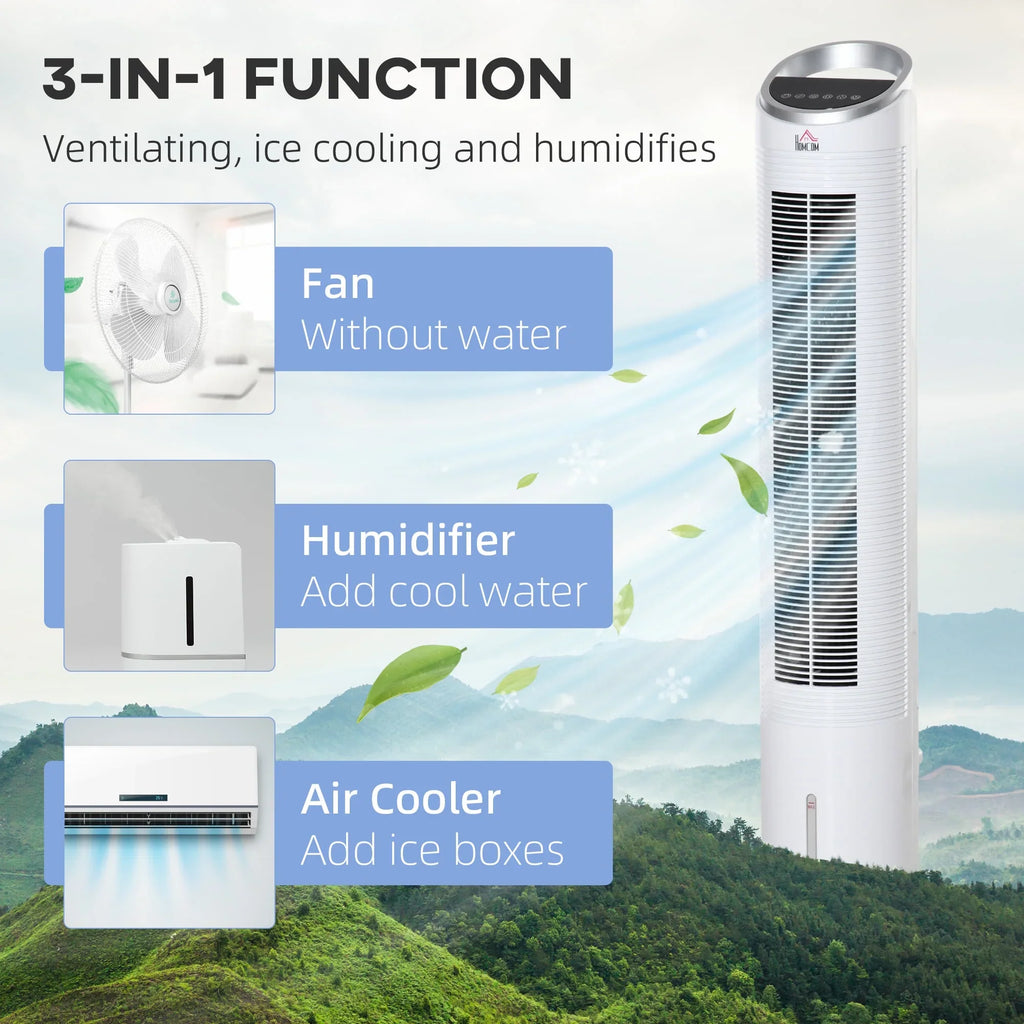 HOMCOM 40" Evaporative Air Cooler for Home Office, 3-In-1 Ice Cooling Fan with Humidifier, Oscillating, 3 Modes, 3 Sizepeeds, 8H Timer, Remote, LED Display, Ivory