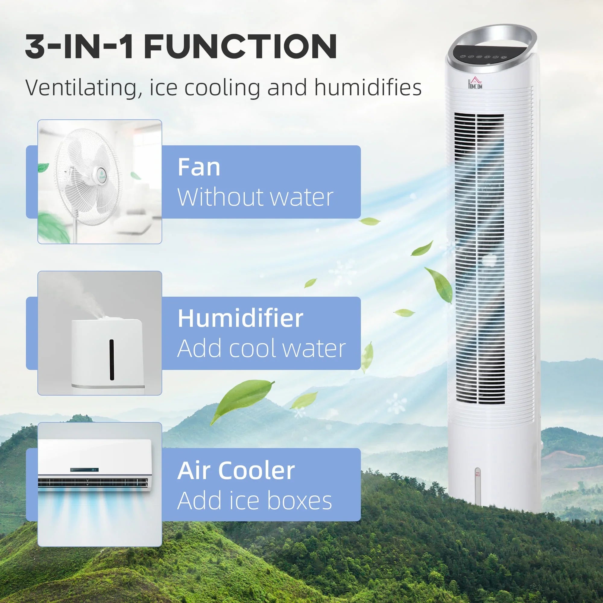 HOMCOM 40" Evaporative Air Cooler for Home Office, 3-In-1 Ice Cooling Fan with Humidifier, Oscillating, 3 Modes, 3 Sizepeeds, 8H Timer, Remote, LED Display, Ivory