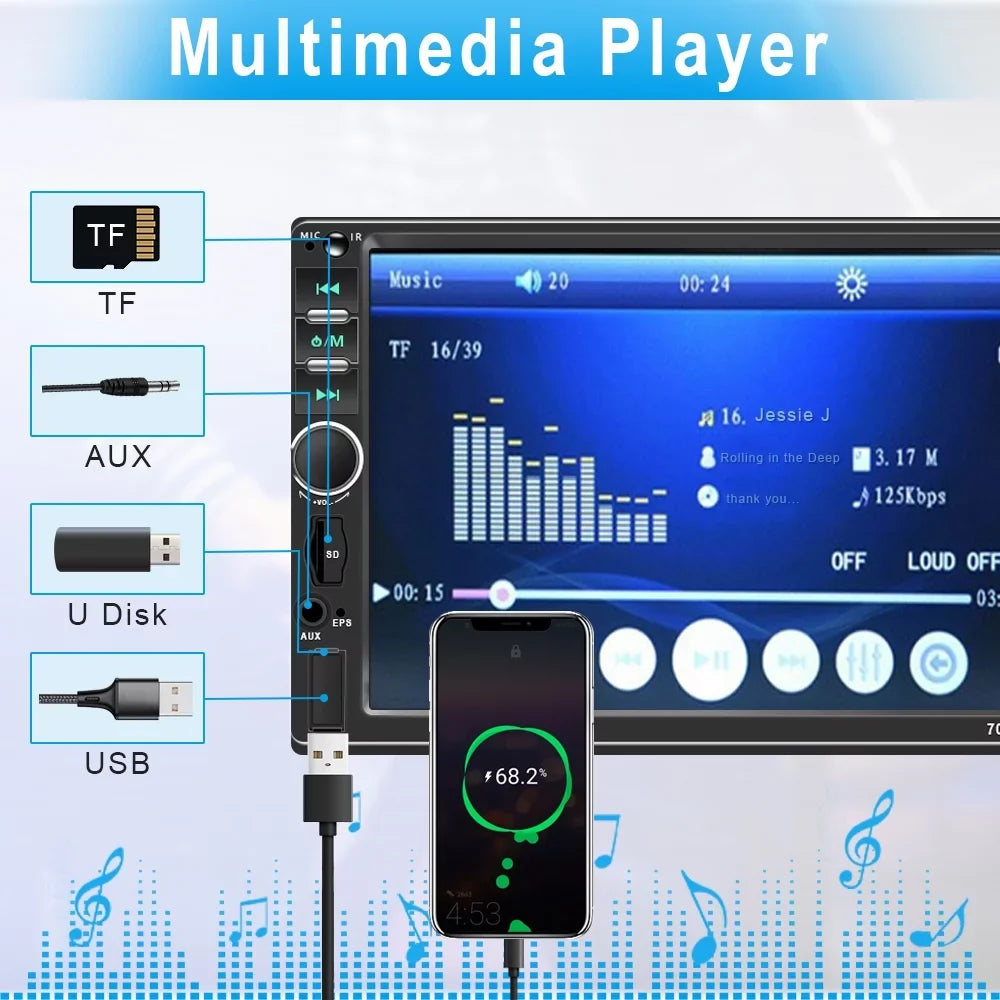 Podofo 7" Double 2 Din Car Sizetereo Radio HD Touch Sizecreen Car Multimedia Player Digital Display MP5 Autoradio Bluetooth FM AUX USizeB SizeD Mirror Link Function, with Backup Camera