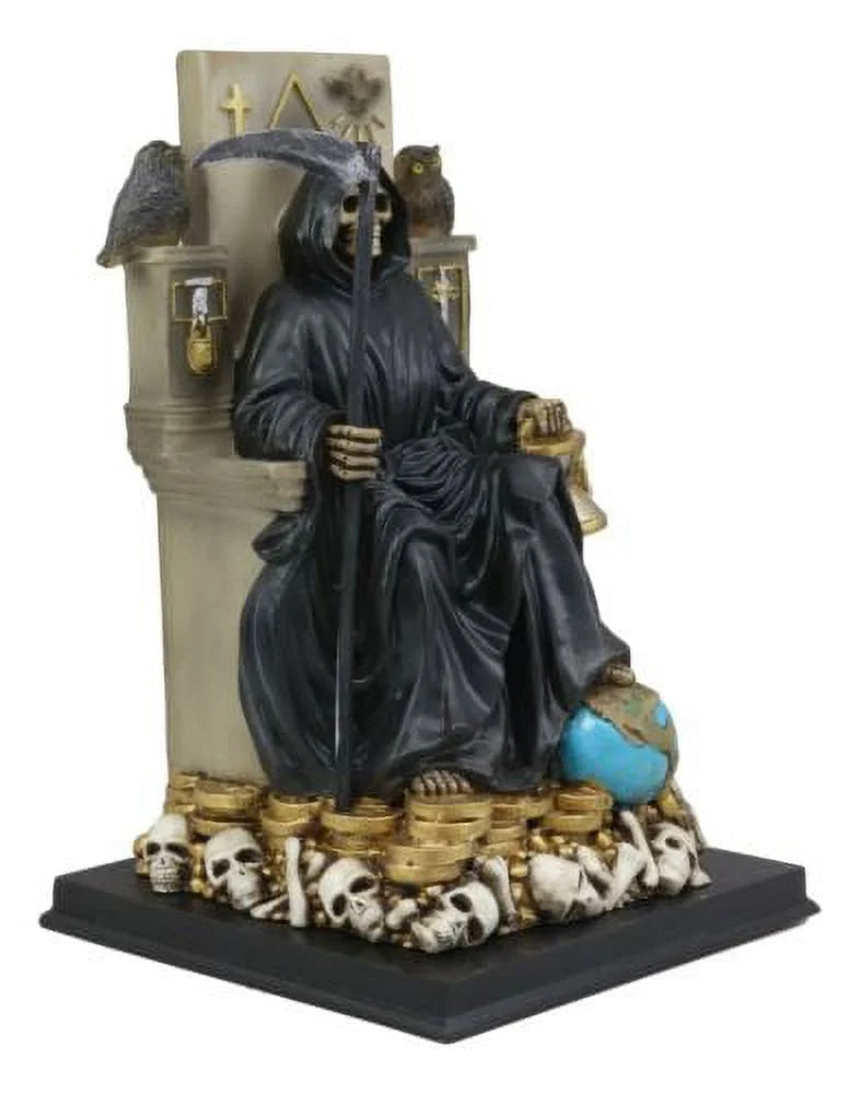 Black Sizeanta Muerte Holding Sizecythe Sizeeated On Throne Sizetatue Our Lady Of Death