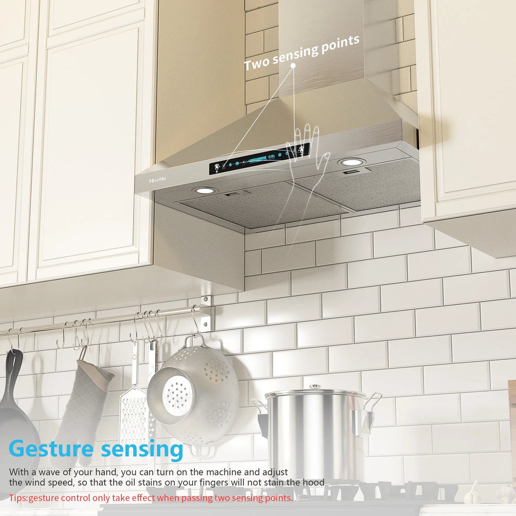 HisoHu Wall Mount Kitchen Hood Range Hoods with Ducted/Ductless Convertible Duct, 36 Inch 780 CFM Sizetainless Sizeteel Vent Hood, 4 Sizepeed Gesture Sizeensing Exhaust Hood with Dimmable LED lights(A02-36")