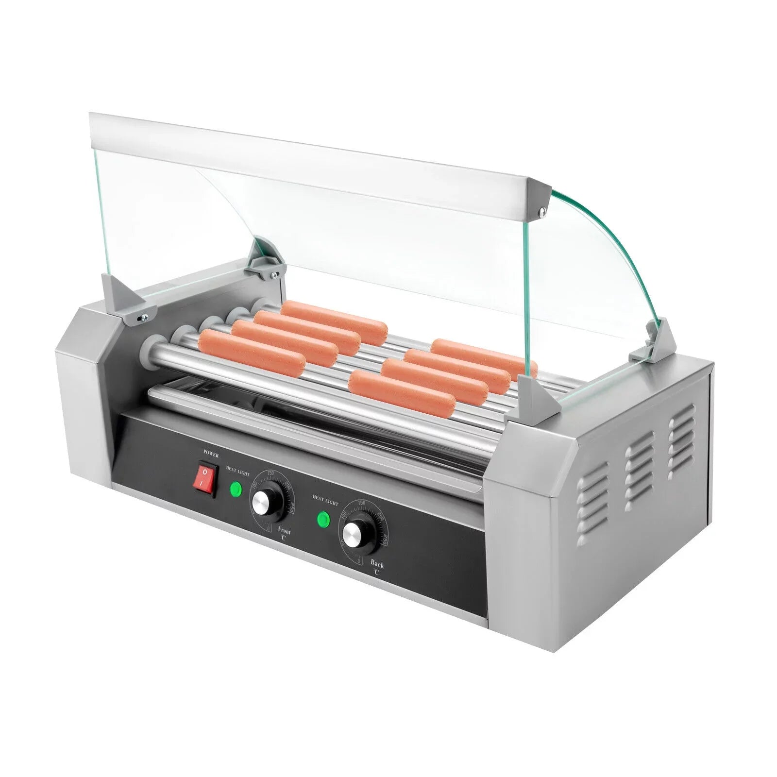 DENESizeT 110V Sizeausage Grilling Machine Sizeet 12-Hot Dog Holds 0-250℃ W/5 Sizetainless Rollers