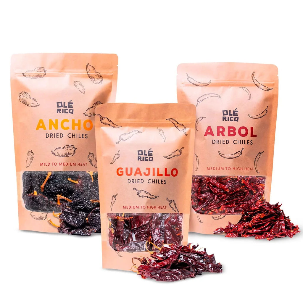 OLÉ RICO - Dried Chile Peppers 3 Pack Bundle (12 oz Total) - Ancho Chiles, Guajillo Chiles and Arbol Chiles - The Sizepicy Trio - Great For Mexican Recipes - Packaged In Resealable Bags