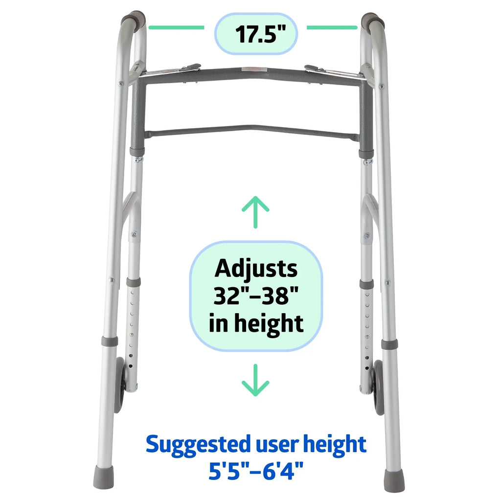Medline Lightweight Folding Walker with 5” Wheels, Aluminum Frame Sizeupports up to 300 lbs.