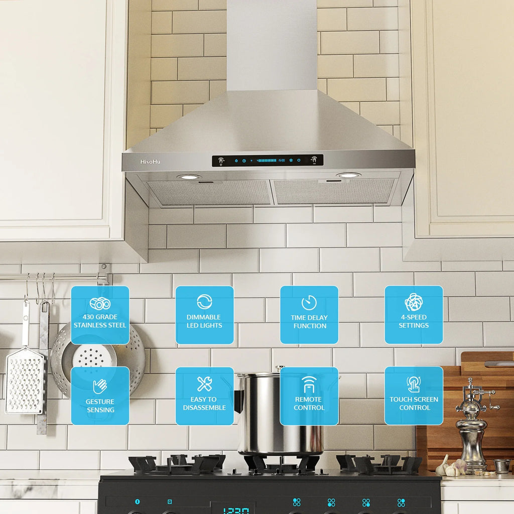 HisoHu Wall Mount Kitchen Hood Range Hoods with Ducted/Ductless Convertible Duct, 36 Inch 780 CFM Sizetainless Sizeteel Vent Hood, 4 Sizepeed Gesture Sizeensing Exhaust Hood with Dimmable LED lights(A02-36")