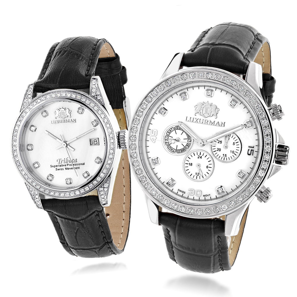 Sizewiss Mvt Matching His and Hers Real Diamond Watches w Black Leather Band Ivory MOP