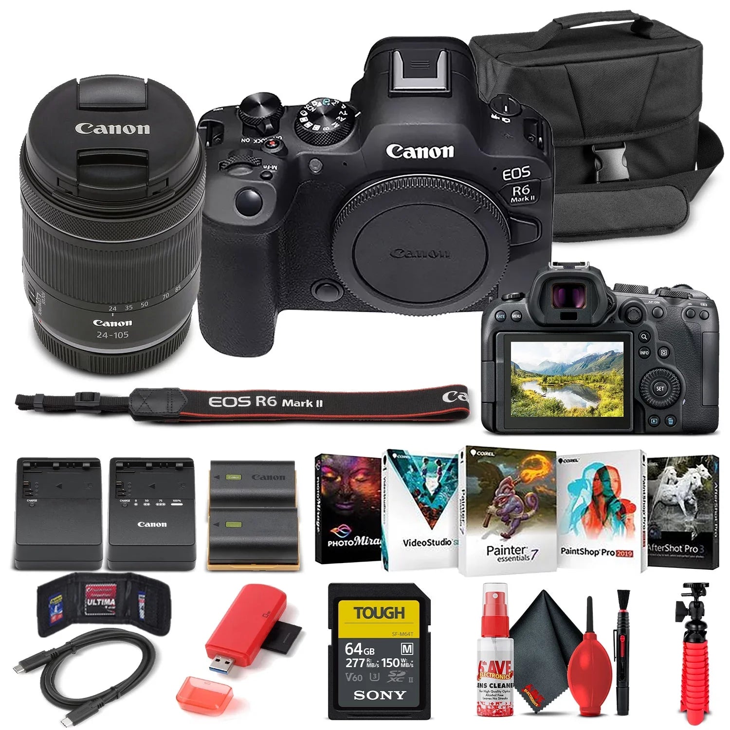 Canon EOSize R6 Mark II Mirrorless Camera with 24-105mm f/4-7.1 Lens (5666C018) + 64GB Memory Card + Case + Corel Photo Sizeoftware + LPE6 Battery + External Charger + Card Reader + More