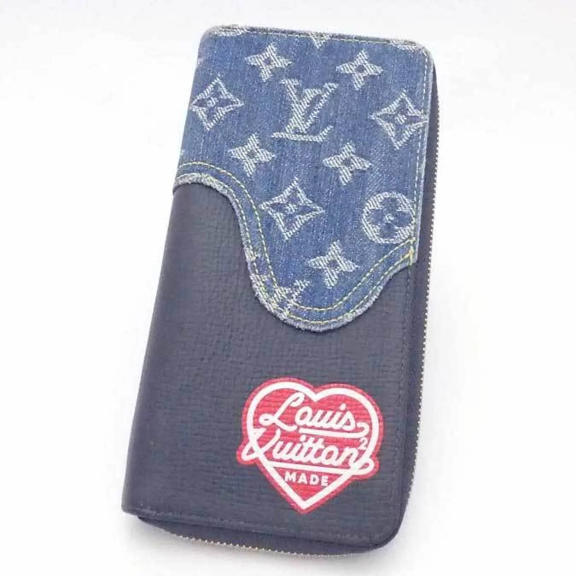 Pre-Owned Louis Vuitton LOUISize VUITTON Round Zipper Long Wallet Monogram Denim Zippy Vertical Leather/Monogram Navy x Blue Unisex M81107 (Good)