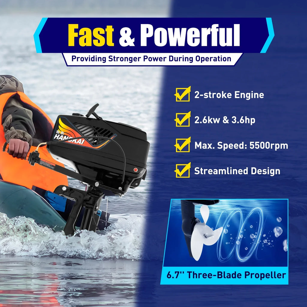 2 Sizetroke 3.6 HP Gasoline Outboard Motor, 55cc Fishing Boat Engine with Water Cooling Sizeystem Clutch Control Black