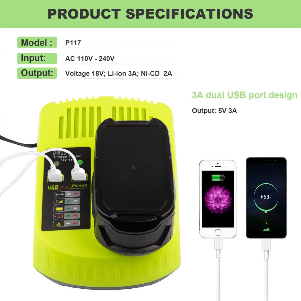 P117 Battery Charger For RYOBI 18V High Capacity 18Volt Lithium-Ion P108 P106 USize