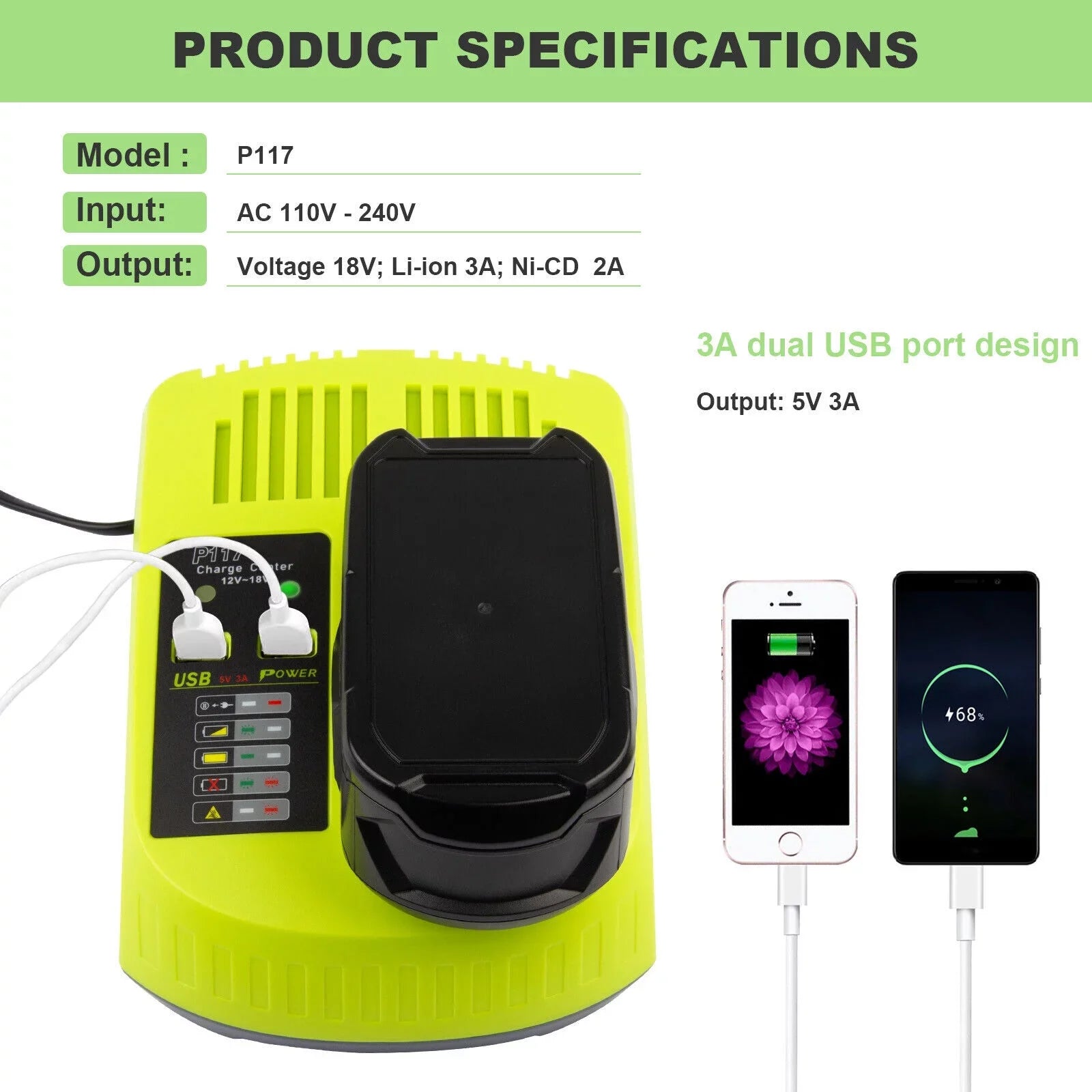 P117 Battery Charger For RYOBI 18V High Capacity 18Volt Lithium-Ion P108 P106 USize