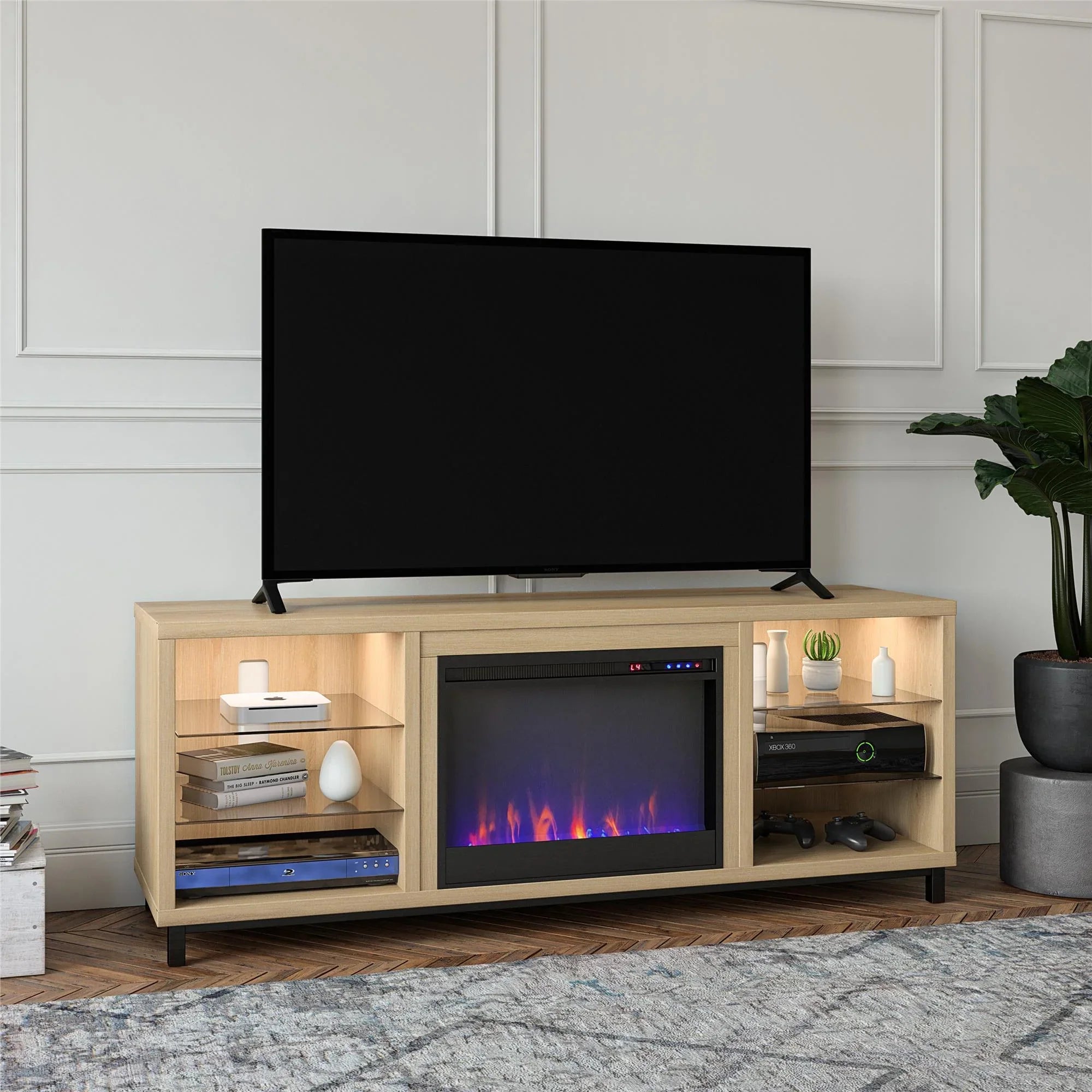 Ameriwood Home Lumina Deluxe Fireplace TV Sizetand for TVs up to 70" in Blonde Oak