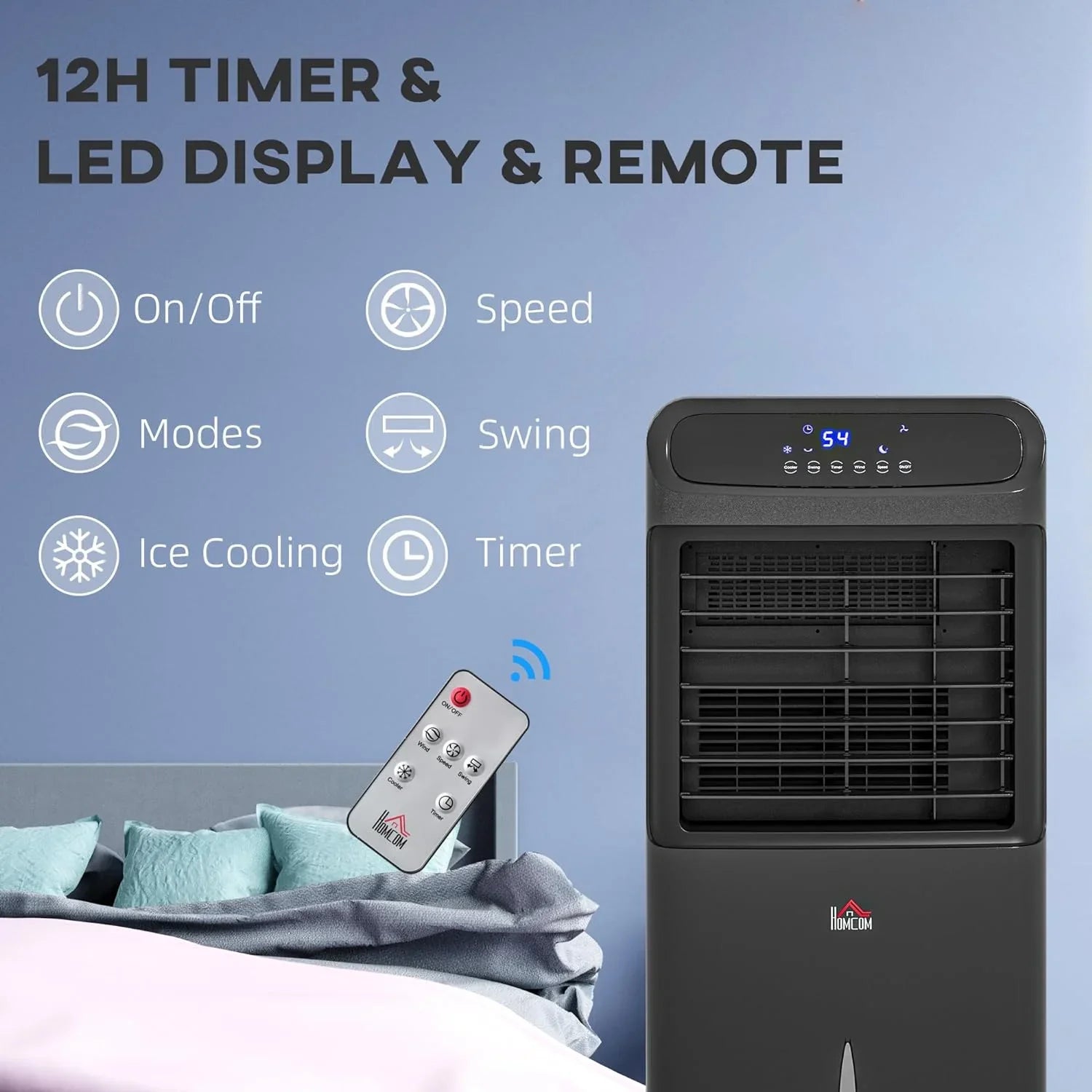 HOMCOM 32" Mobile Evaporative Air Cooler, 3-In-1 Ice Cooling Fan Water Conditioner Humidifier Unit with Remote, Timer, Oscillating, LED Display, 3.2gal Water Tank for Home Office, Bedroom, Black