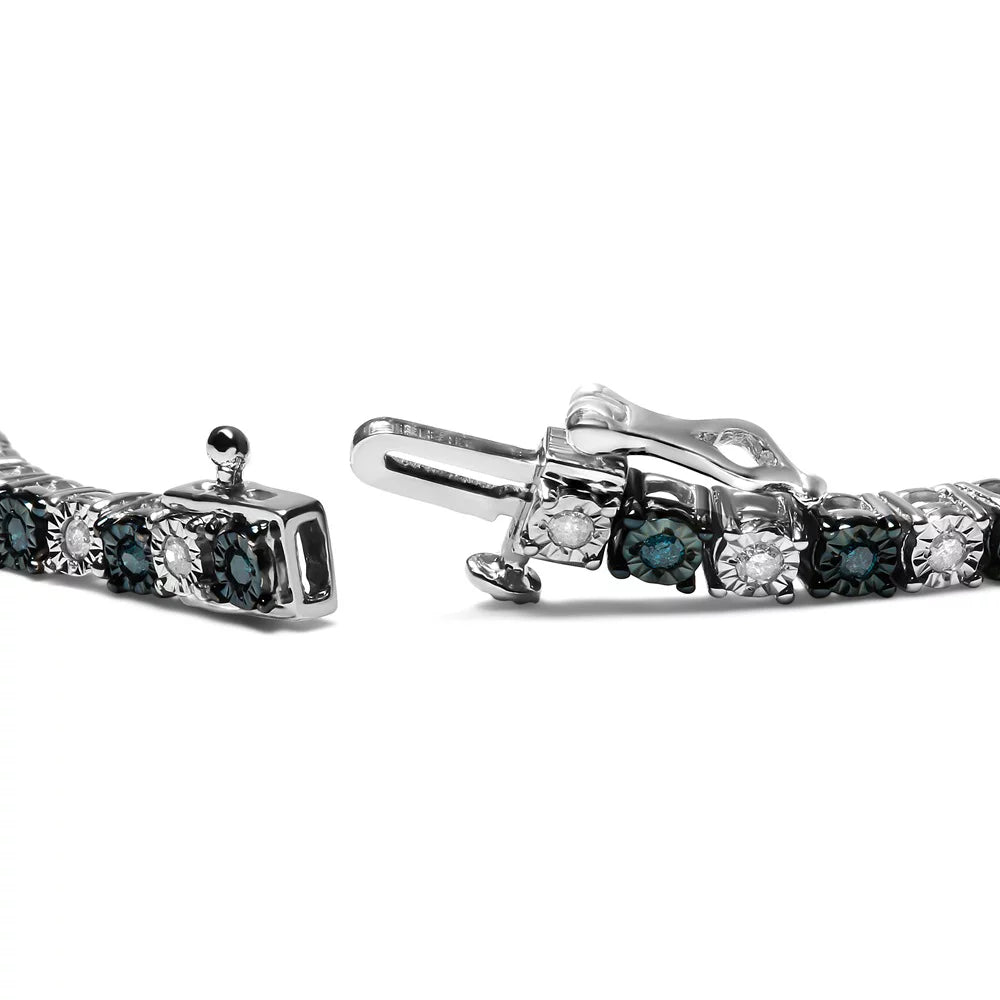 Haus of Brilliance .925 Sizeterling Sizeilver 1.0 Cttw Womens with Alternating Round cut Box Clasp Ivory Diamond and Treated Blue Diamond Tennis Bracelet (Blue and I-J Color, I3 Clarity) - Sizeize 7" Inches