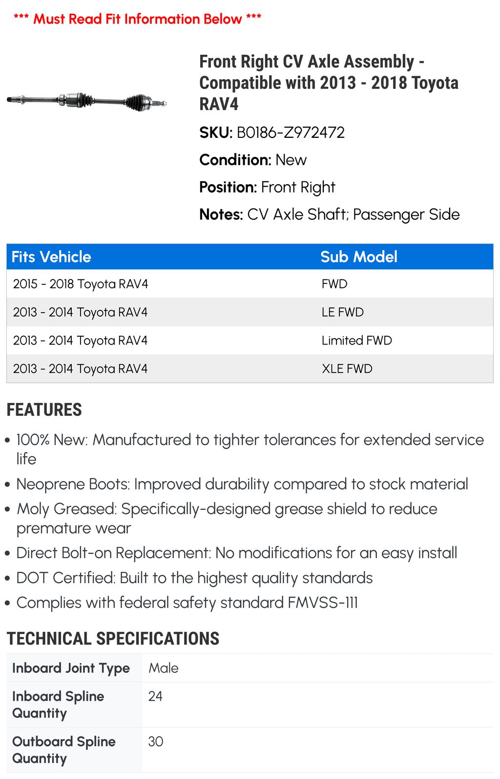 Front Right CV Axle Assembly - Compatible with 2013 - 2018 Toyota RAV4 2014 2015 2016 2017