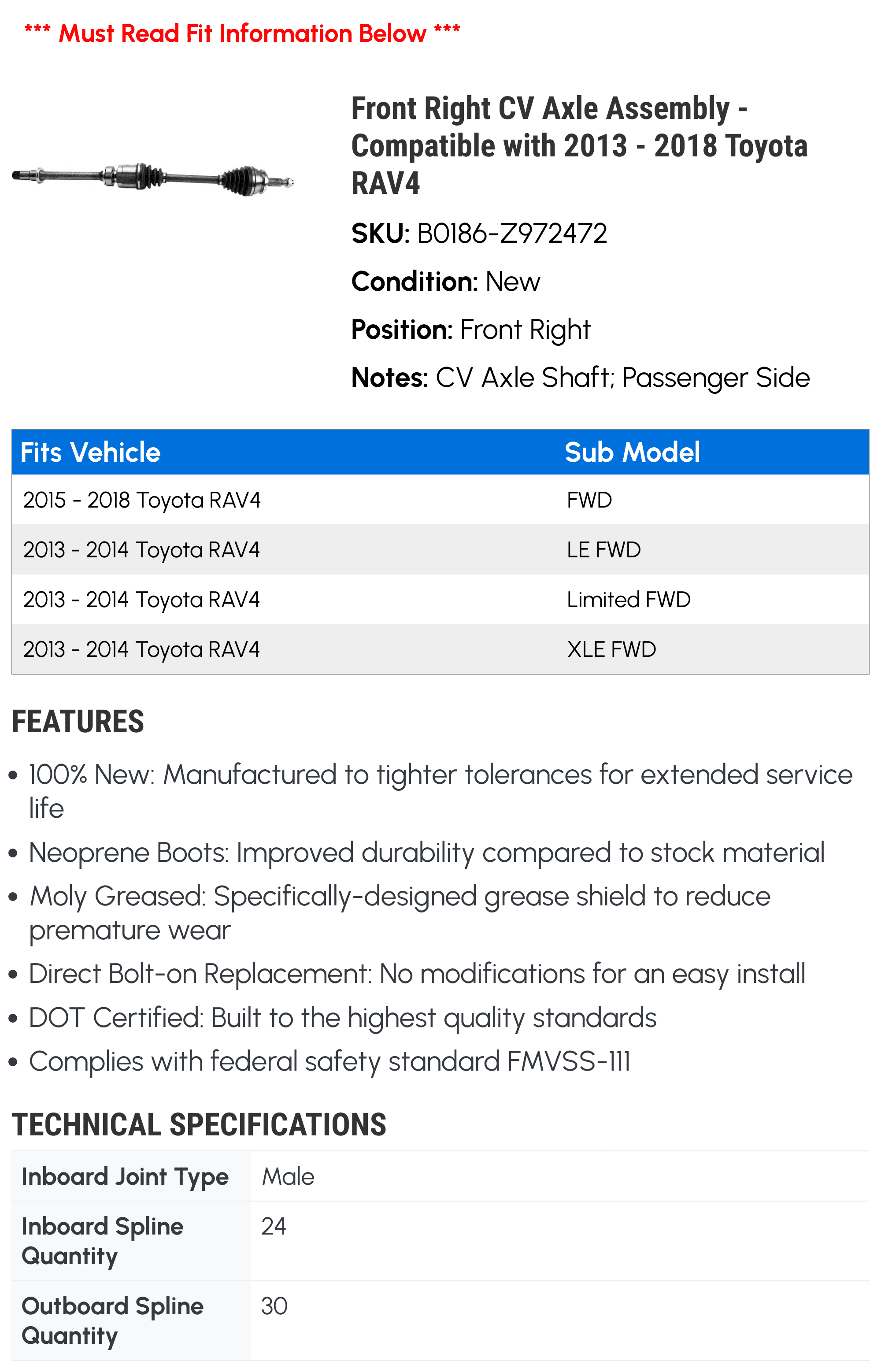 Front Right CV Axle Assembly - Compatible with 2013 - 2018 Toyota RAV4 2014 2015 2016 2017