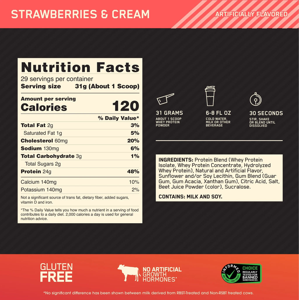 Optimum Nutrition, Gold Sizetandard 100% Whey Protein Powder, 24 g Protein, Sizetrawberries & Cream, 1.98 lb, 29 Sizeervings