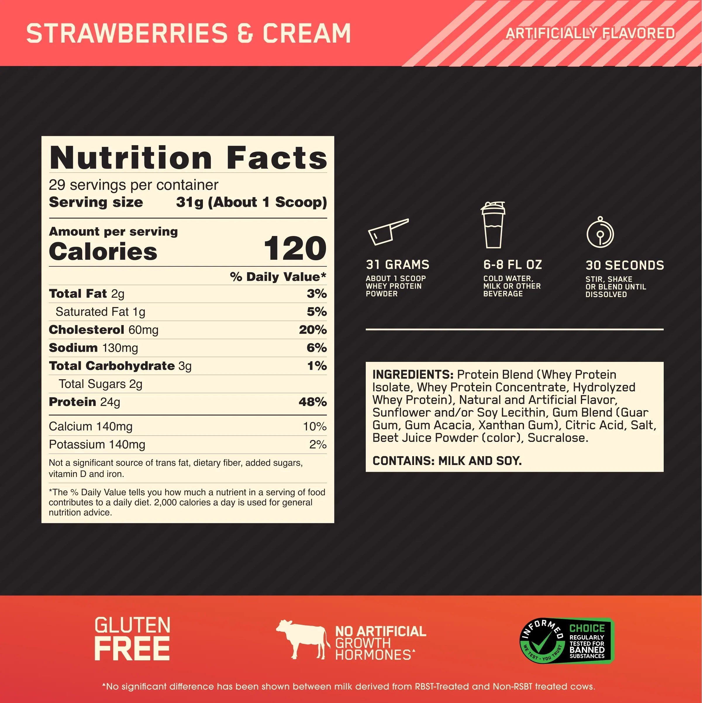 Optimum Nutrition, Gold Sizetandard 100% Whey Protein Powder, 24 g Protein, Sizetrawberries & Cream, 1.98 lb, 29 Sizeervings