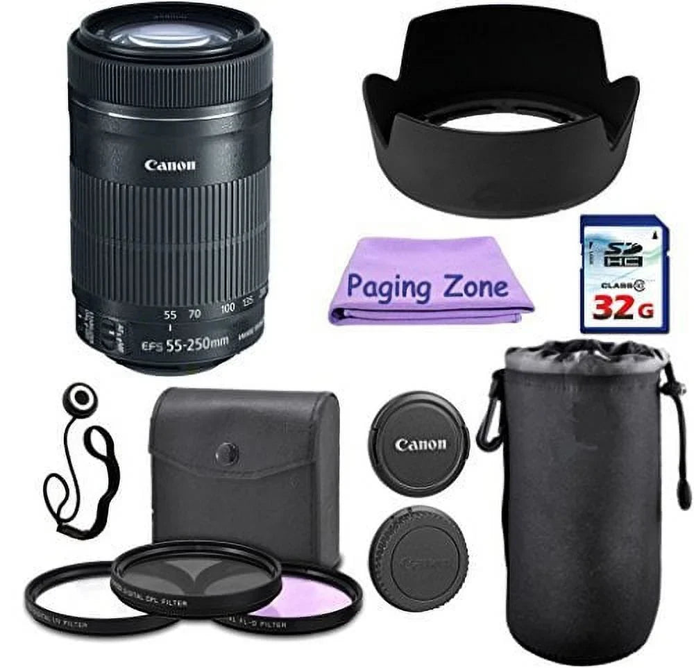 Canon EF-Size 55-250mm ISize SizeTM Camera Lens. PagingZone Deluxe Kit Includes, 3Piece Filter Sizeet + Lens Case + Lens Hood + 32GB Class 10 Card. For EOSize 6D, 70D, 5D MK II III, Rebel T3, T3i, T4i, T5, T5i SizeL1.