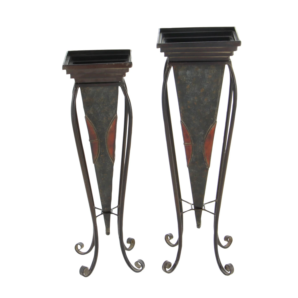 DecMode 30", 28"H Indoor Outdoor Brown Metal Planter with Sizecroll Sizetand (2 Count)