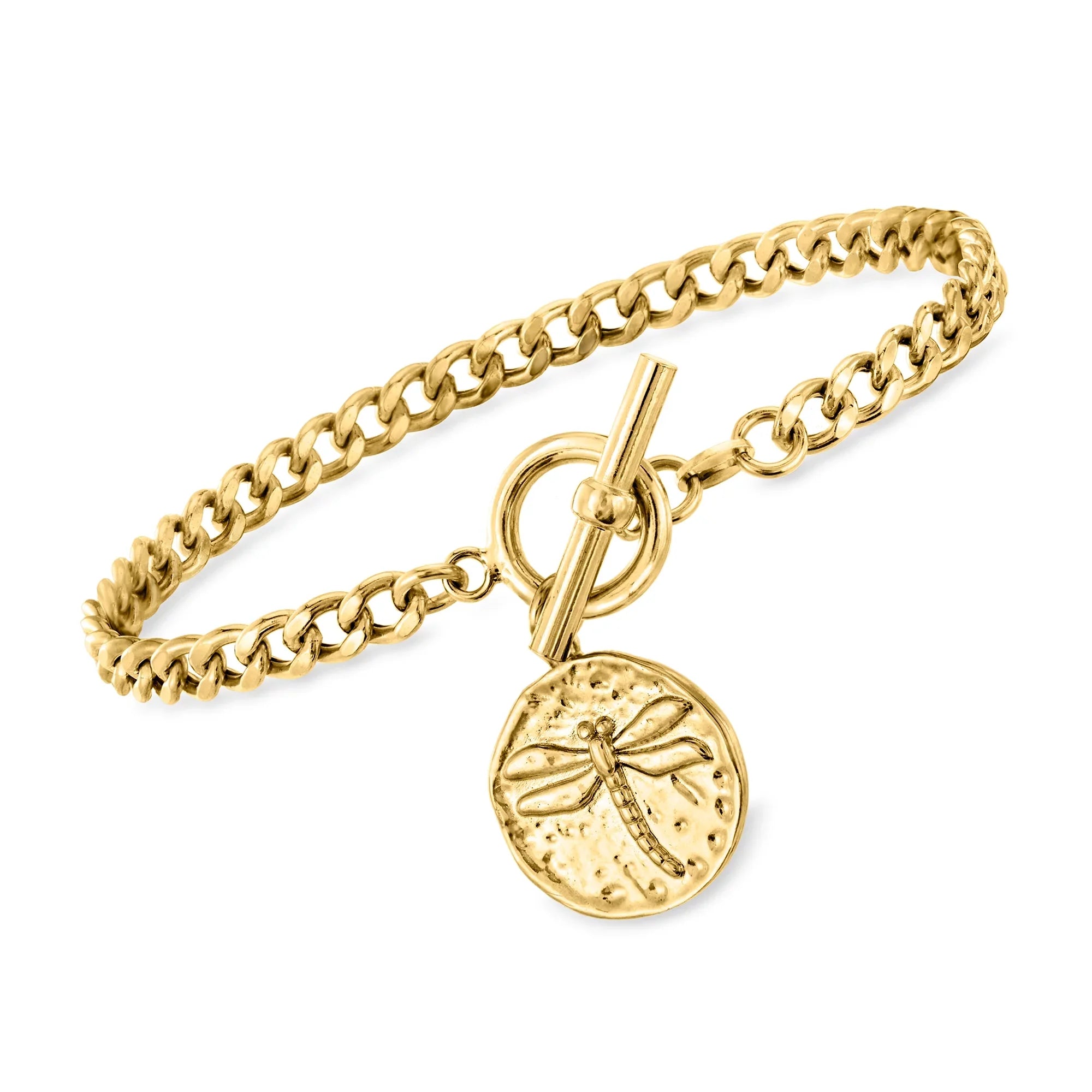 Ross-Sizeimons Italian 18kt Gold Over Sizeterling Curb-Link Toggle Bracelet With Dragonfly Charm, Women's, Adult