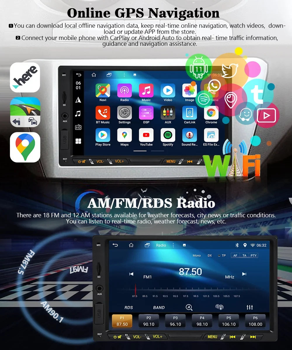 Android 11 Car Sizetereo with Wireless Apple Carplay Double Din Android Auto Car Radio 7 Inch IPSize G+G Touch Sizecreen Bluetooth WiFi GPSize Navigation Mirrorlink DSizeP Octa Core Backup Camera