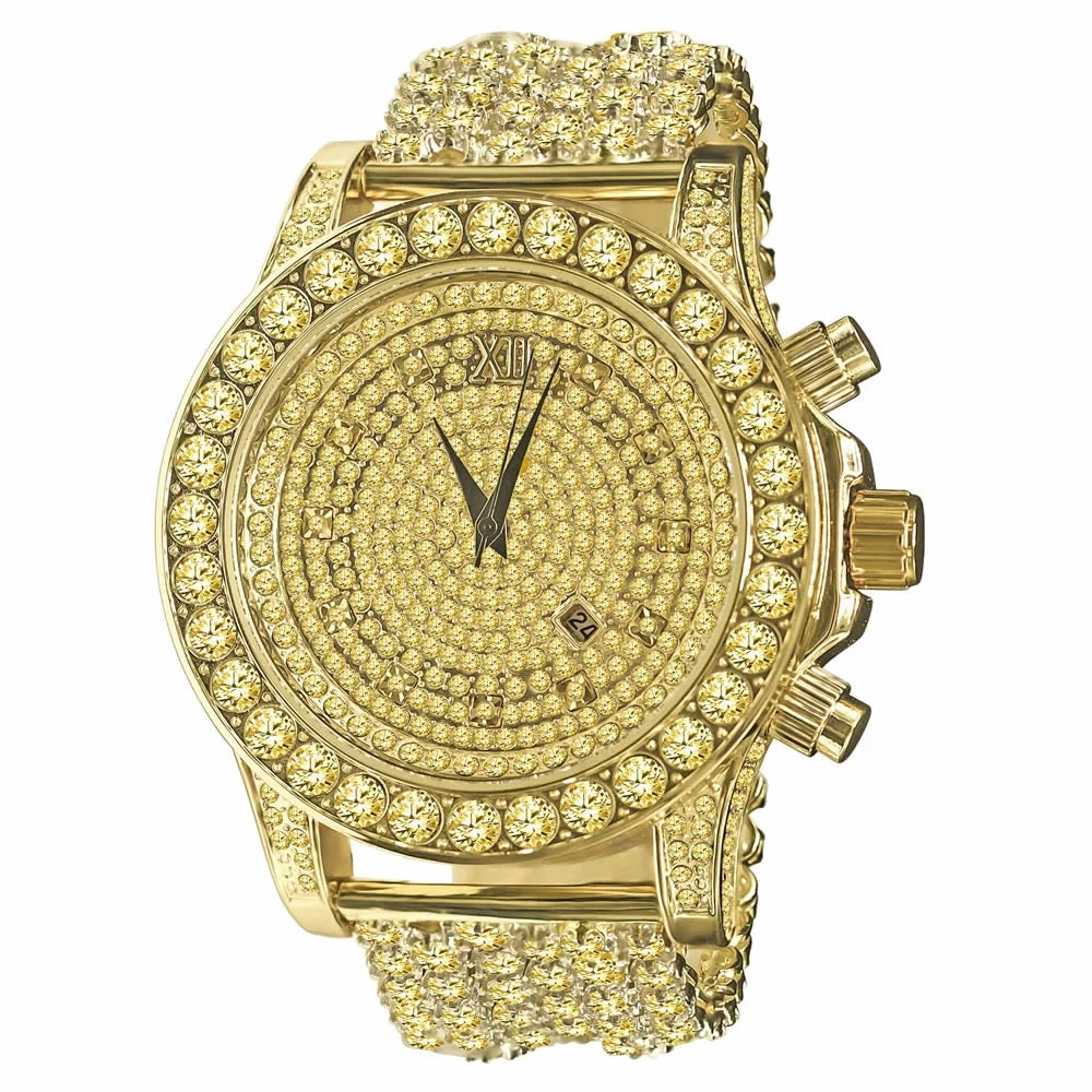 Mens Canary Bling Master Custom Watch Yellow Gold Tone Sizeolitaire Sizeimulated Diamonds Iced Out Band
