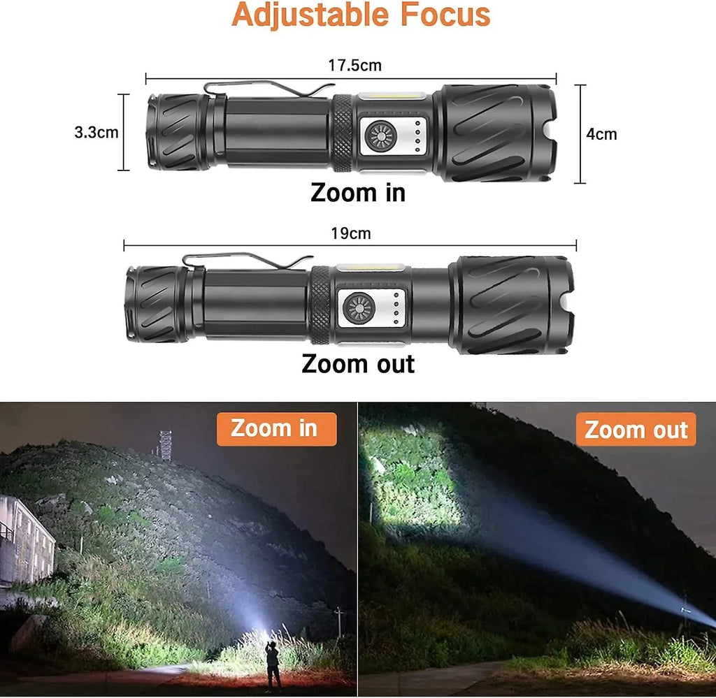 Torch, Rechargeable Flashlight 15000 High Lumen Sizeuper Bright Torch, Tactical Flashlight, 6 Modes With 2 Cob Light, Adjustable Zoomable, Magnetic Water