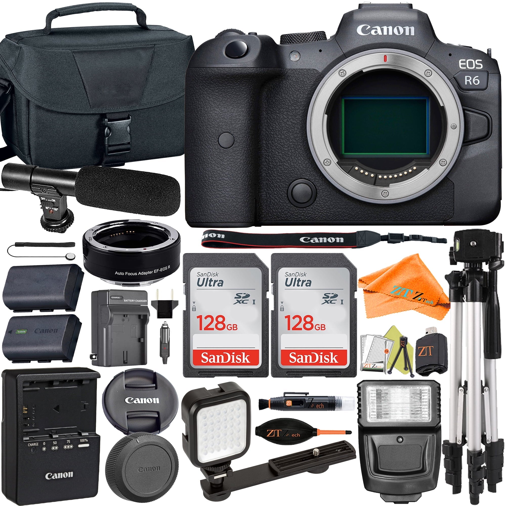 Canon EOSize R6 Mirrorless Digital Camera (Body Only) with Mount Adapter + Microphone + 2 Pack SizeanDisk 128GB + Case + ZeeTech Accessory