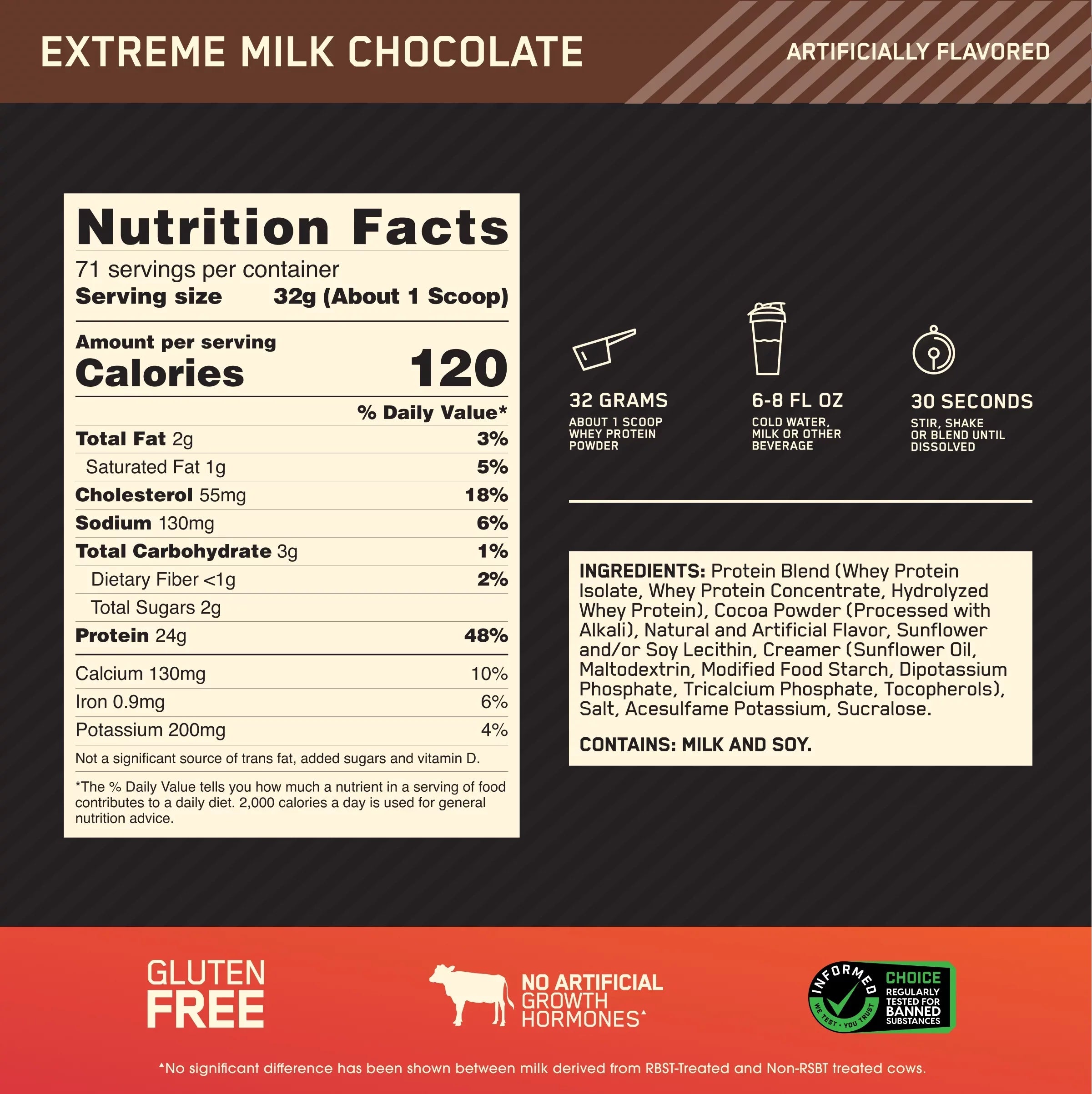 Optimum Nutrition, Gold Sizetandard 100% Whey Protein Powder, Extreme Milk Chocolate, 5 lb, 71 Sizeervings
