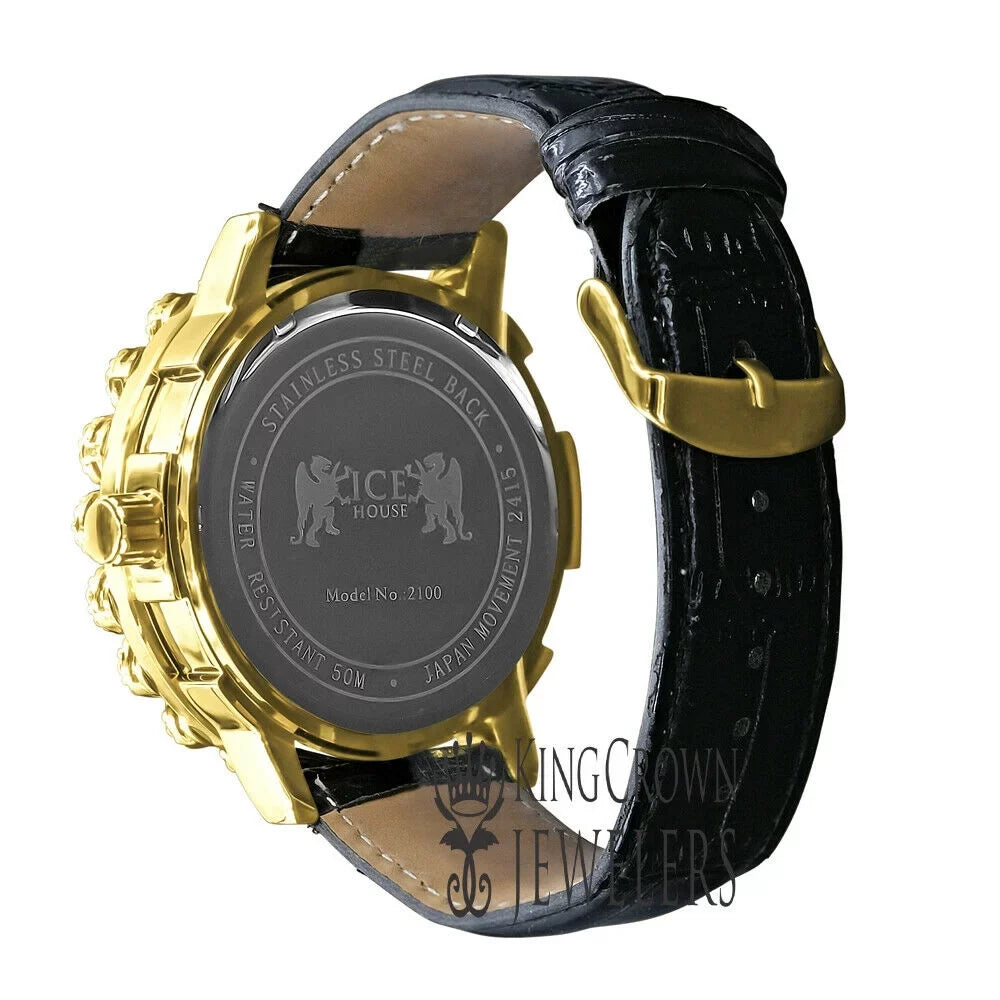 Roman Face Mens Genuine Diamond Dial Gold Tone Flower Bezel Khronos Genuine Leather Wrist Watch W/Date