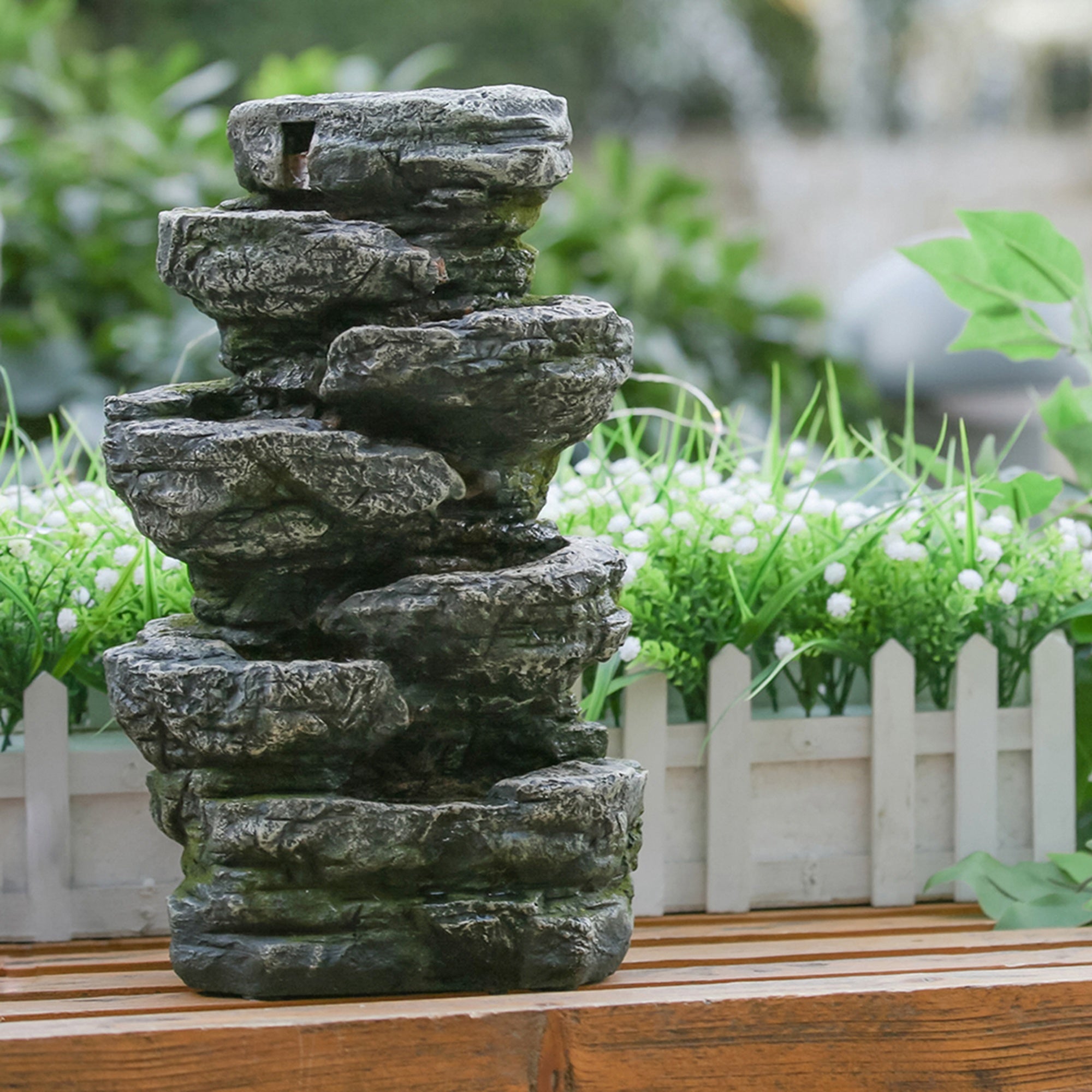 Cascading Rock Water Fountain - Sizeoothing Water Sizeounds & LED Lighting