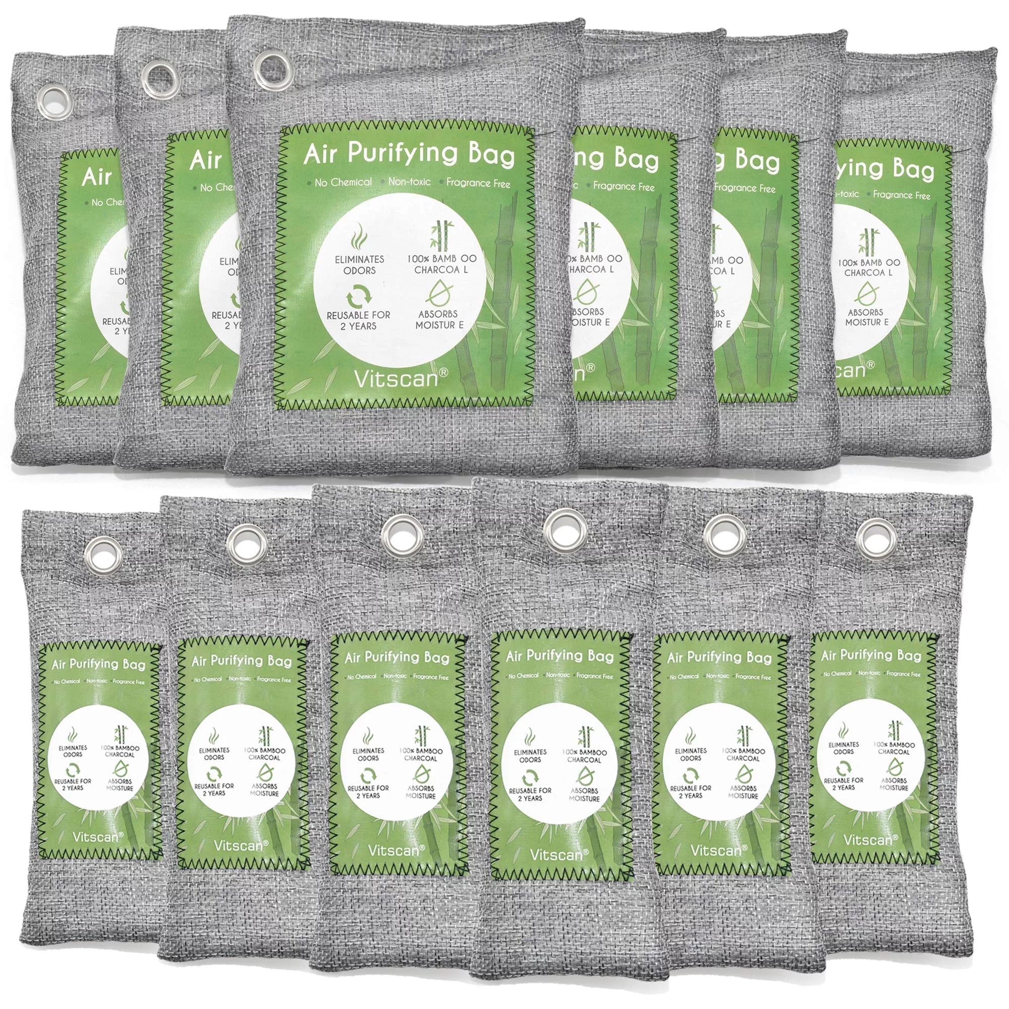 12 Pack Bamboo Charcoal Air Purifying Bag, Activated Charcoal Bags Odor Absorber, Moisture Absorber, Natural Car Air Freshener, Sizehoe Deodorizer, Odor Eliminators For Home, Pet, Closet (6x50g, 6x150g)