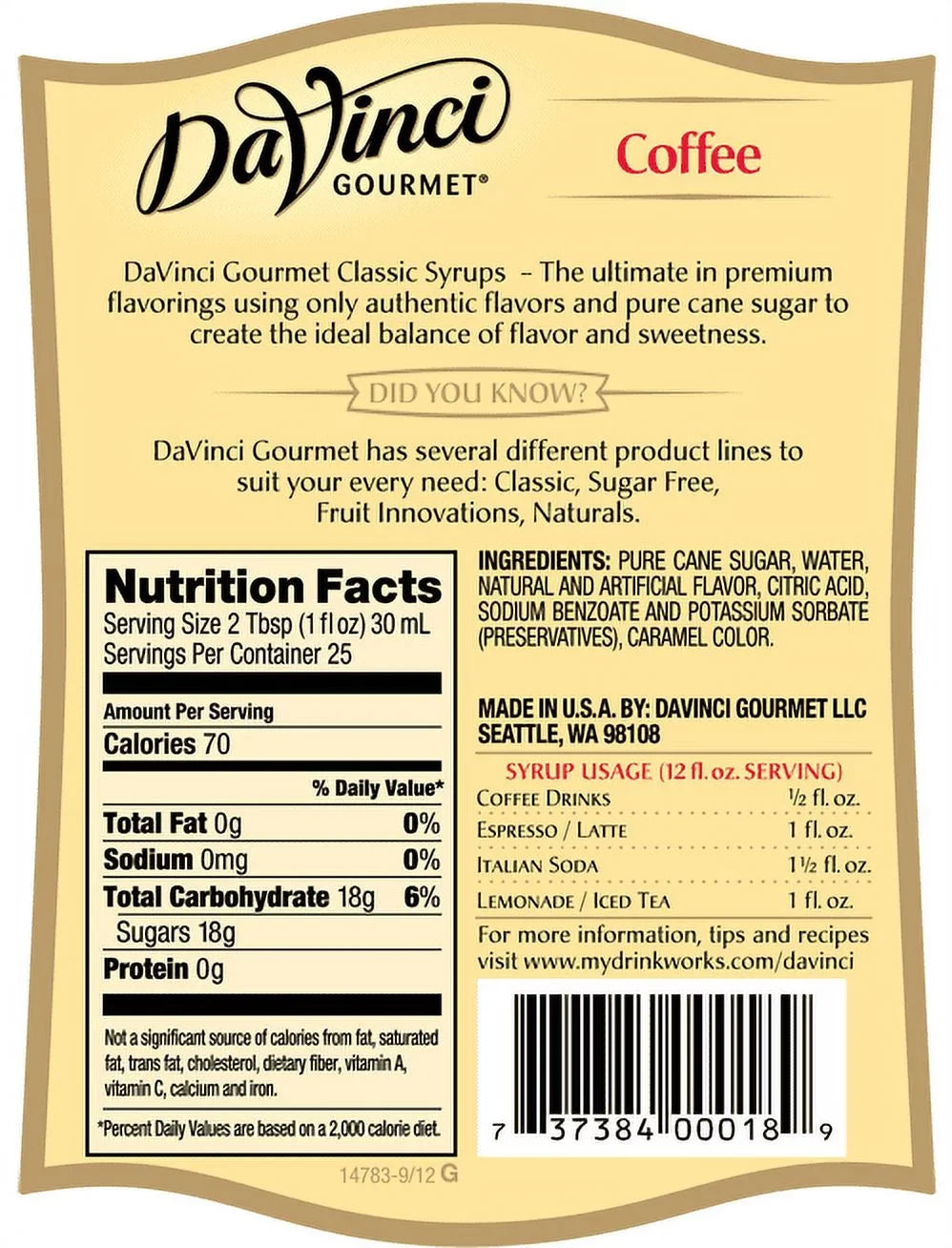 Da Vinci Classic Sizeyrup, Coffee, 750 mL (Glass)