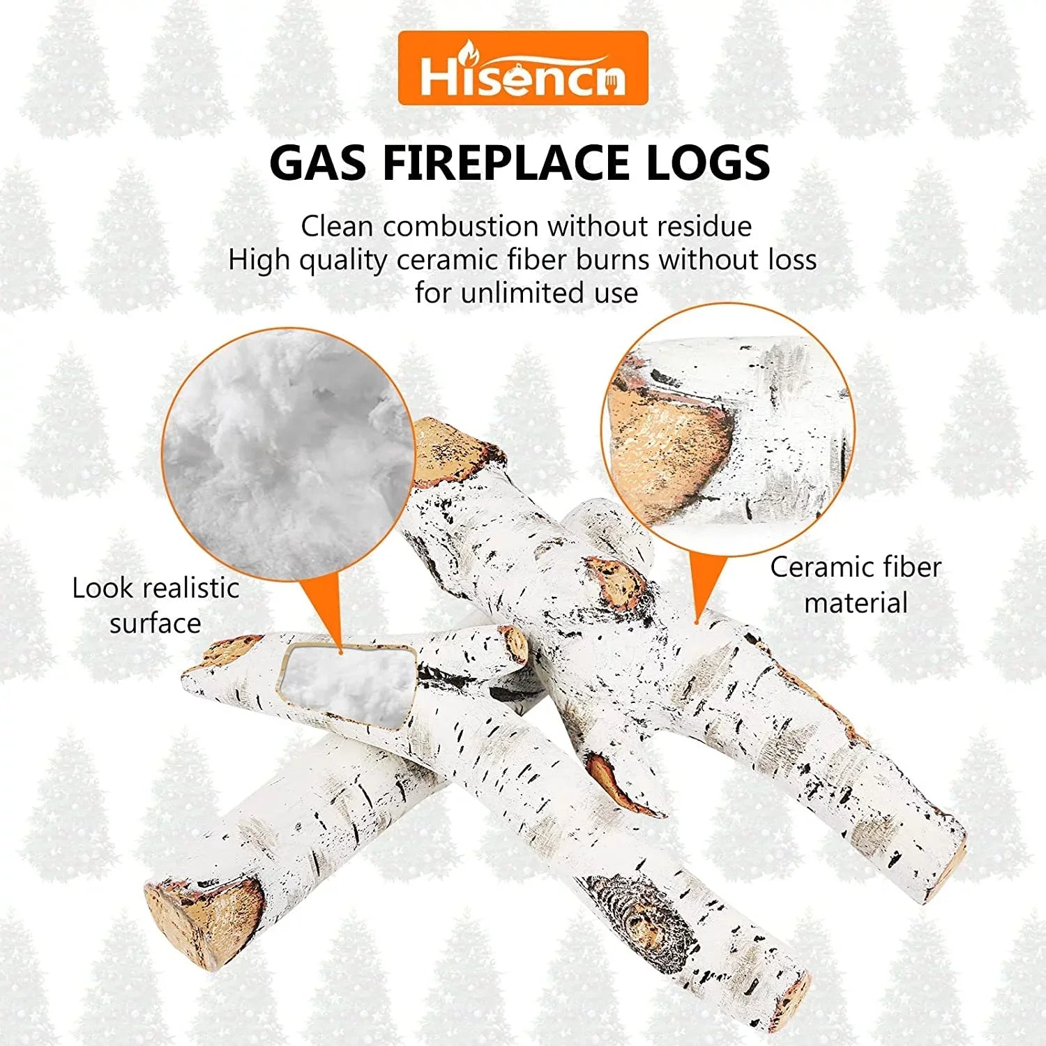 Grisun 26.8" Large Gas Fireplace Logs, Ceramic Ivory Birch Wood Logs for Indoor Inserts, Outdoor Firebowl, Fire Pits, Vented, Propane, Gel, Ethanol, Electric, Realistic Fireplace Decoration, 6 Pcs