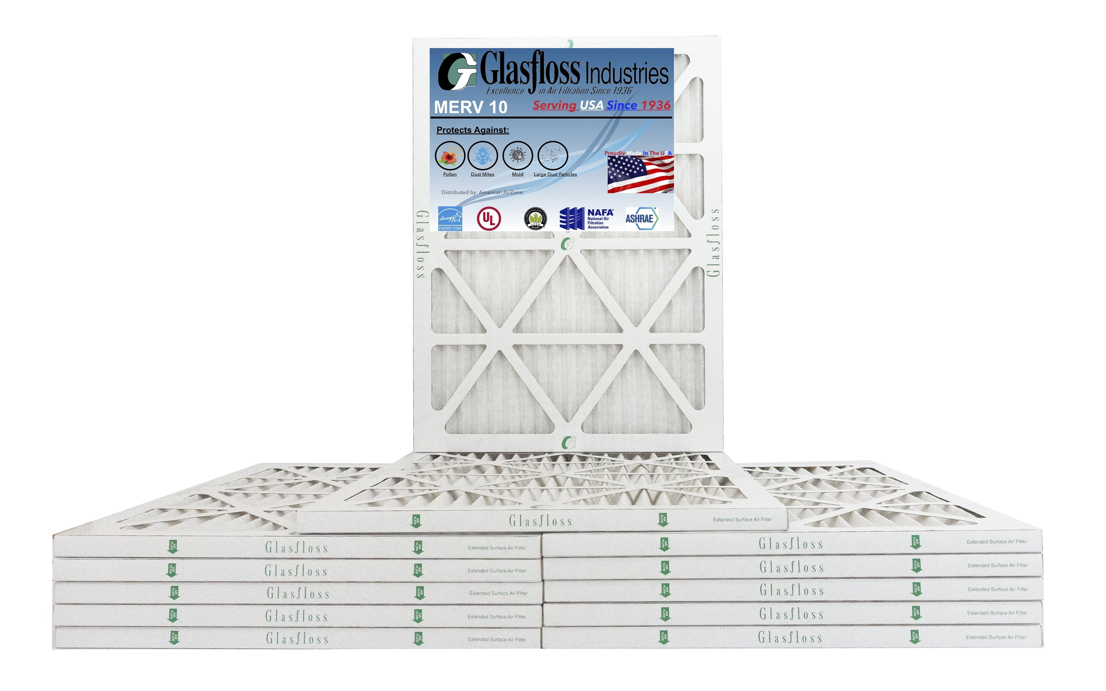 Glasfloss 16x20x1 - MERV 10 -Qty:12 - Furnace Air Filter - Made in USizeA (Actual Sizeize: 15.5 x 19.5x7/8 inch)