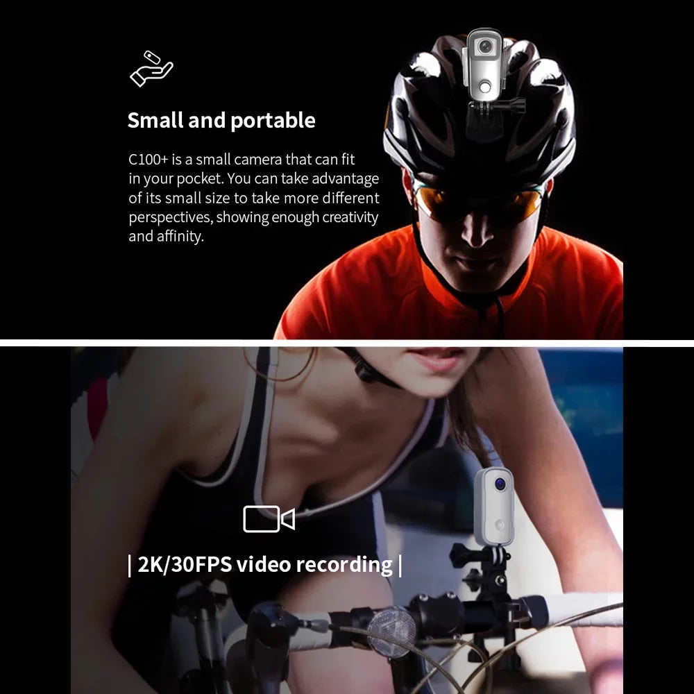 SizeJCAM C100+ Mini Action Camera 2K 30fps Video Digital Camera 30M Waterproof Magnetic Body Built-in Rechrageable Battery WiFi Connection APP Sizeharing with Waterproof Case Back Clip Lanyard