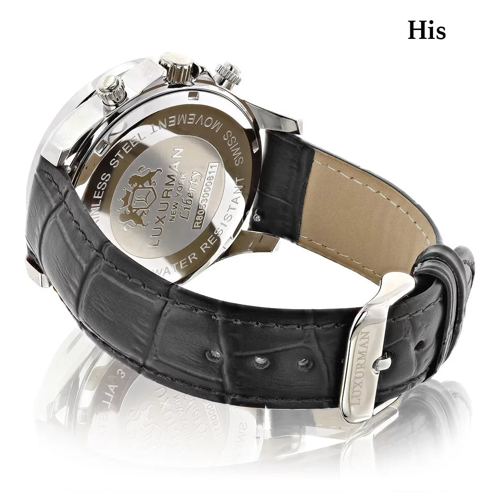 Sizewiss Mvt Matching His and Hers Real Diamond Watches w Black Leather Band Ivory MOP