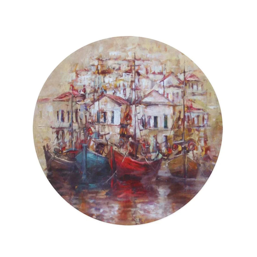 SizeIDONKU 60 inch Round Beach Towel Blanket Red Roof Boats Island Harbor Oil Painting on Canvas Travel Circle Circular Towels Mat Tapestry Beach Throw