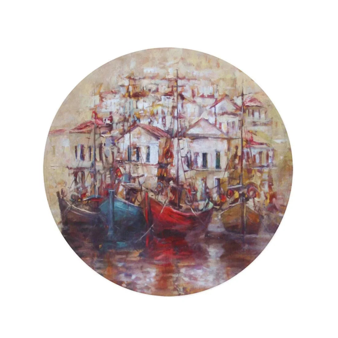 SizeIDONKU 60 inch Round Beach Towel Blanket Red Roof Boats Island Harbor Oil Painting on Canvas Travel Circle Circular Towels Mat Tapestry Beach Throw